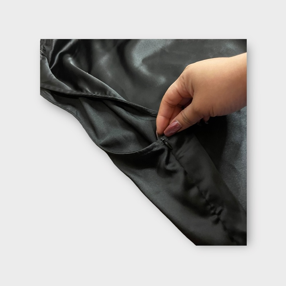 Pretty Garden One Shoulder Cut Off High Split Black Satin Dress - Picture 7 of 11